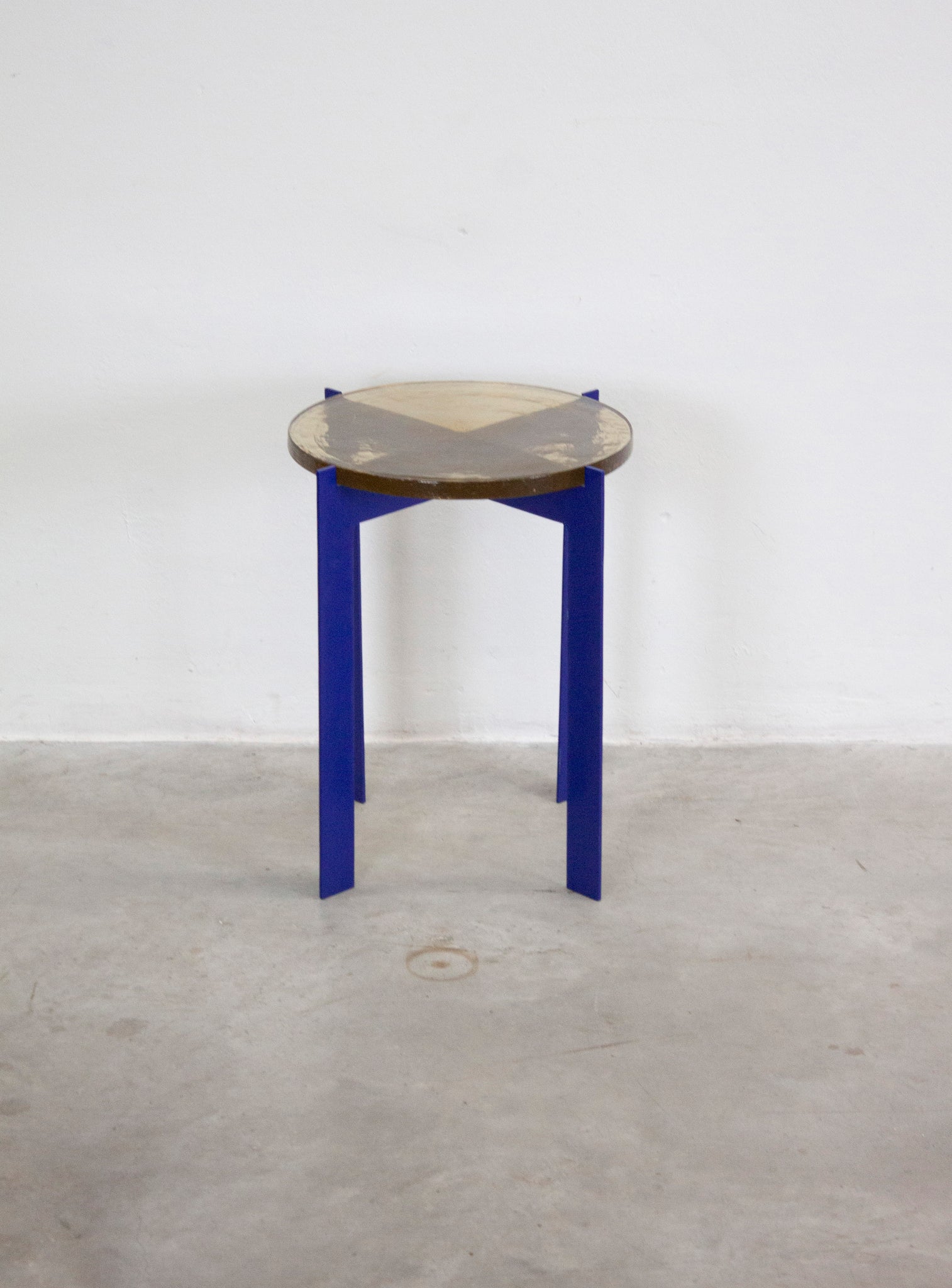 Heavy Glass Side Table on Metal Base (Yellow/Cobalt Blue)