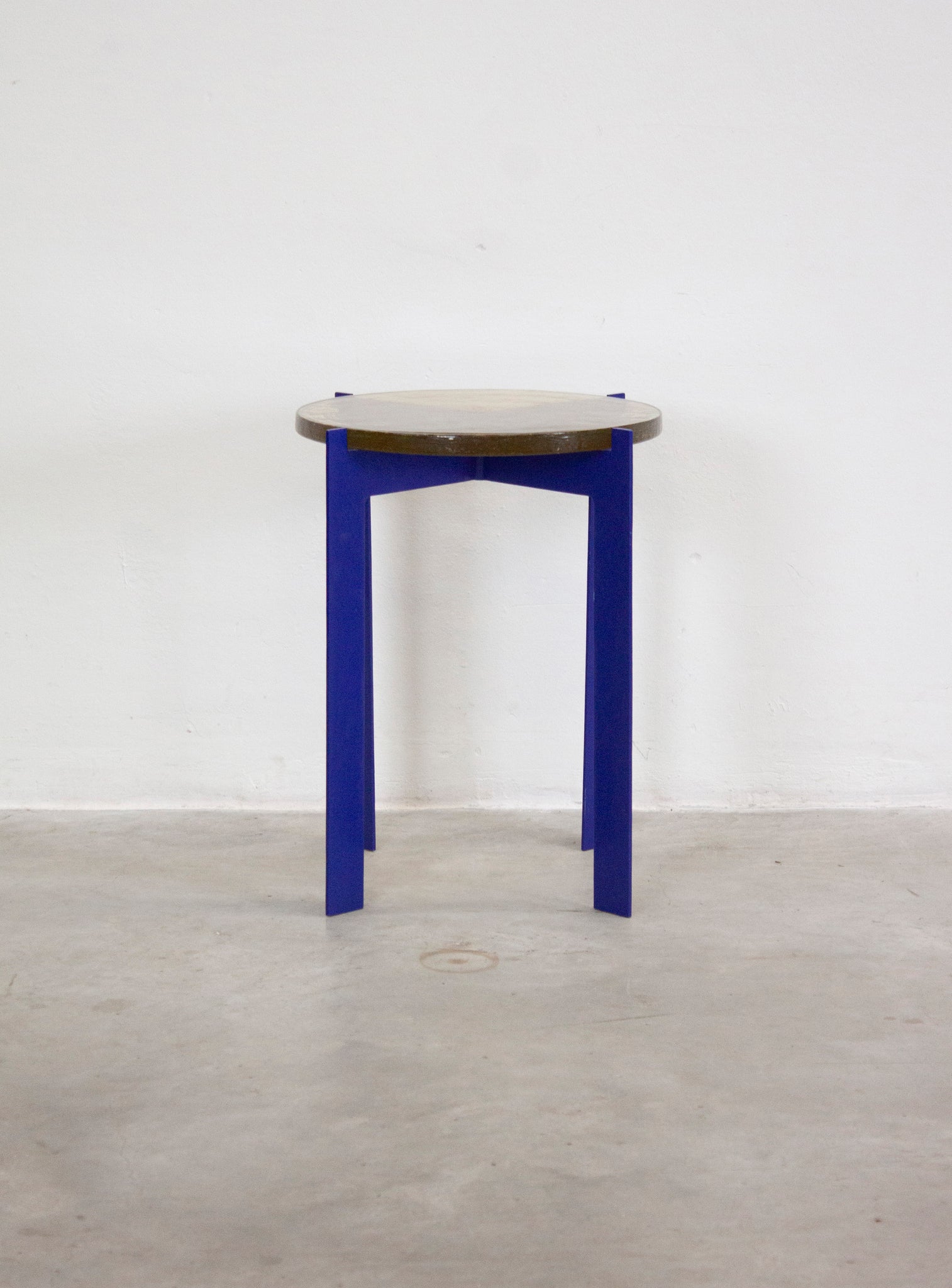 Heavy Glass Side Table on Metal Base (Yellow/Cobalt Blue)