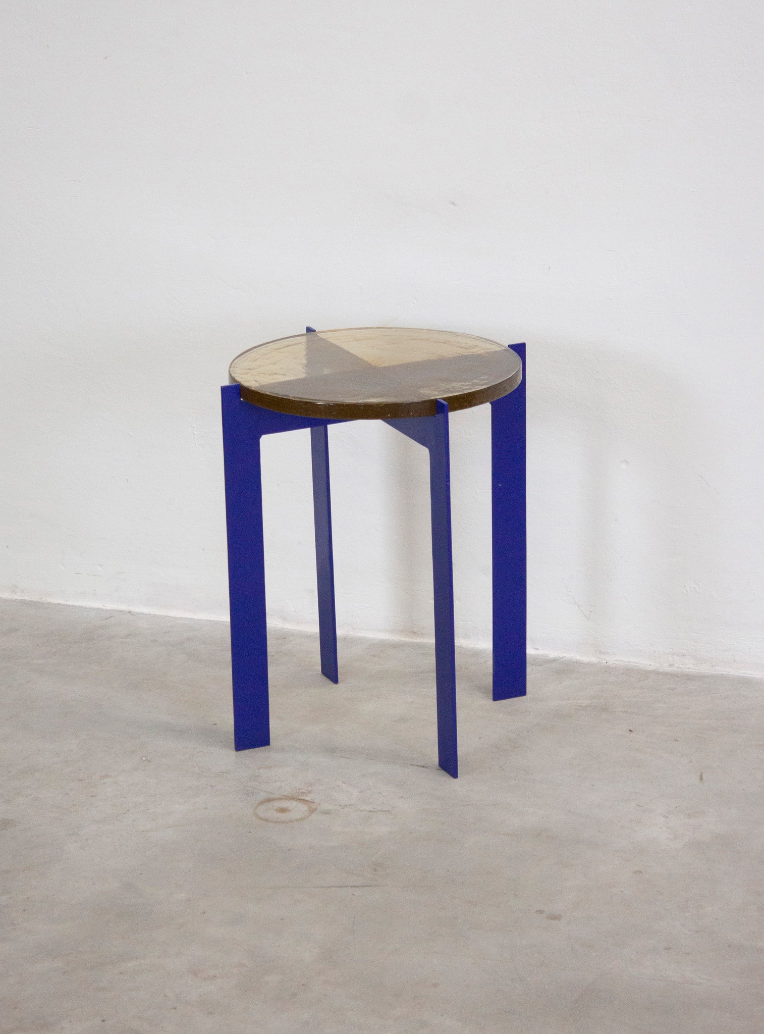 Heavy Glass Side Table on Metal Base (Yellow/Cobalt Blue)