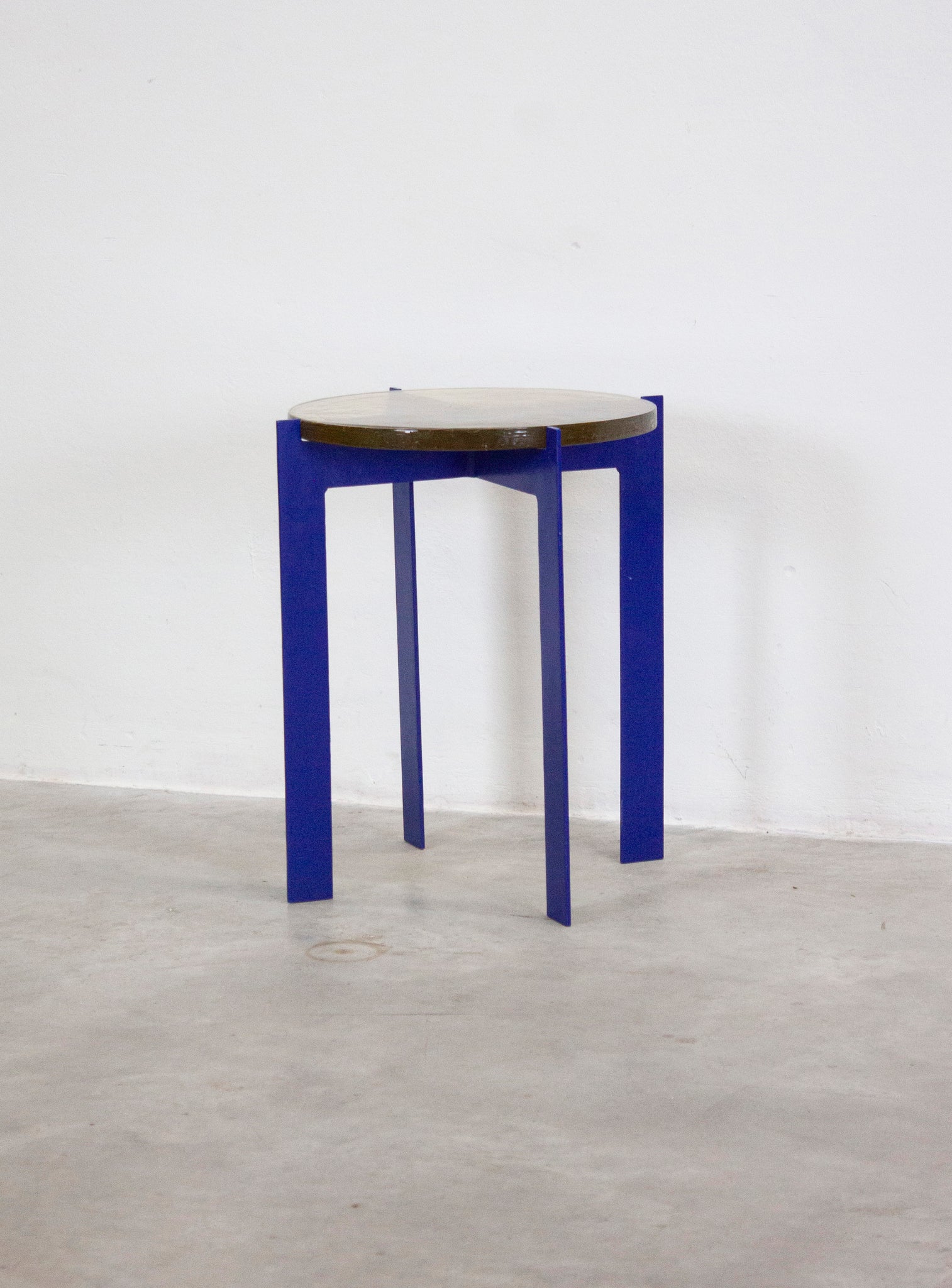 Heavy Glass Side Table on Metal Base (Yellow/Cobalt Blue)