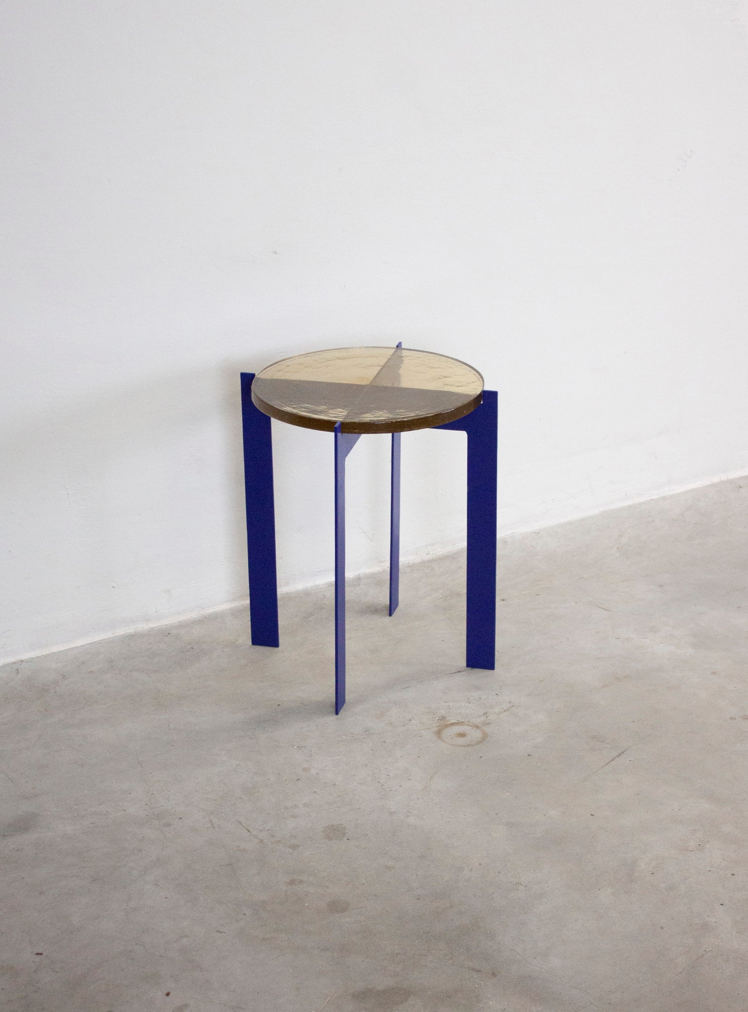 Heavy Glass Side Table on Metal Base (Yellow/Cobalt Blue)