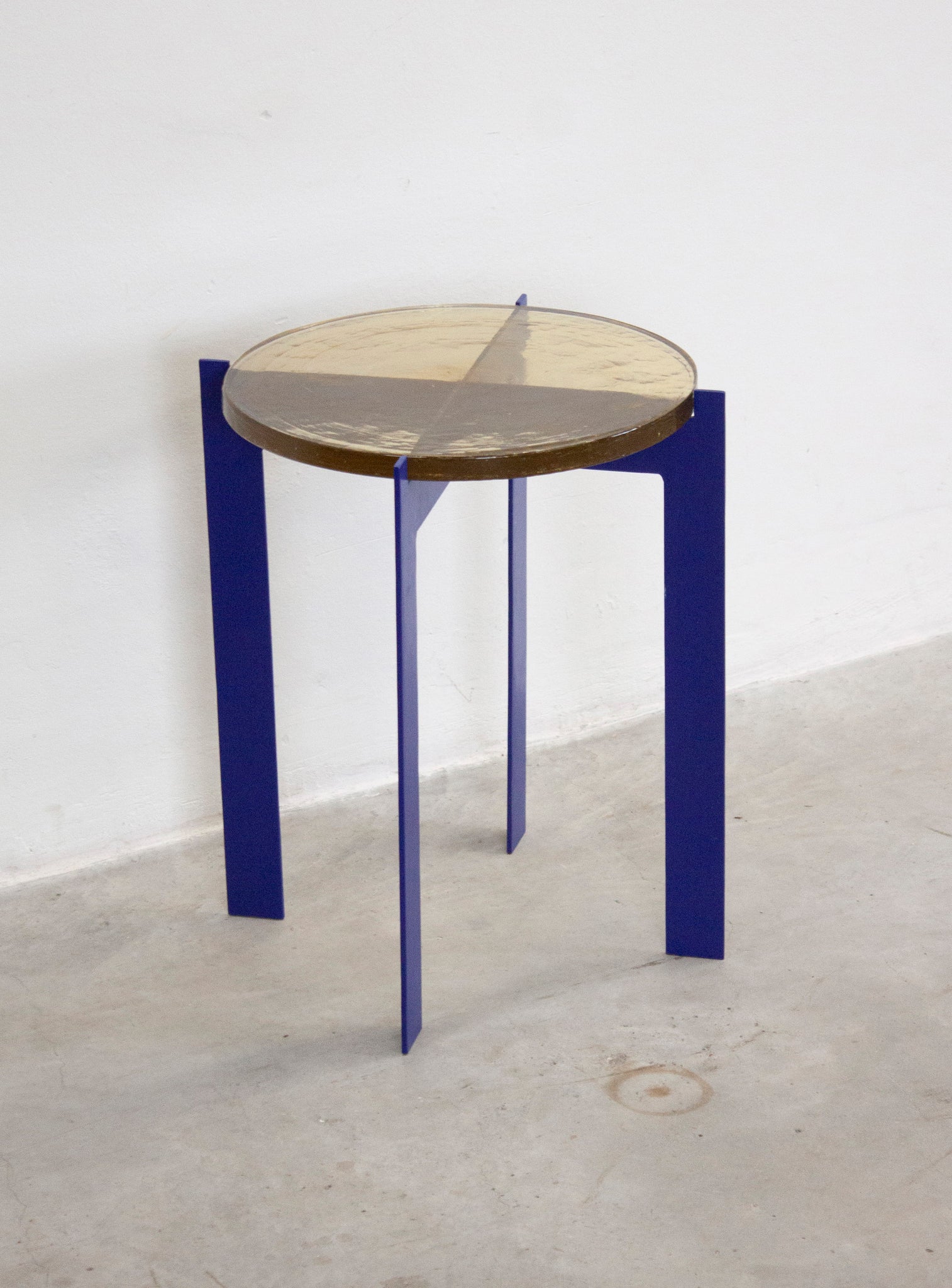 Heavy Glass Side Table on Metal Base (Yellow/Cobalt Blue)