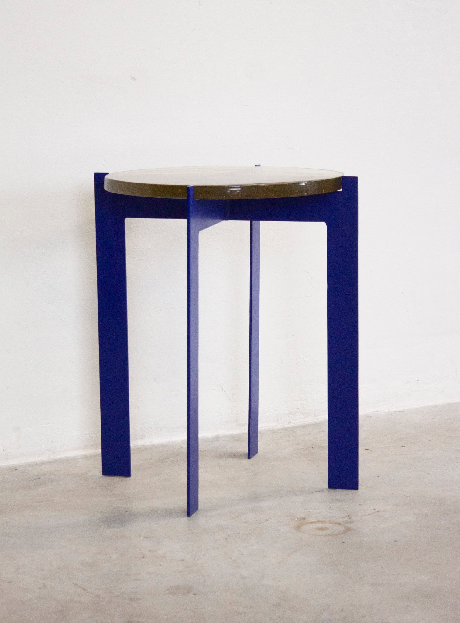 Heavy Glass Side Table on Metal Base (Yellow/Cobalt Blue)