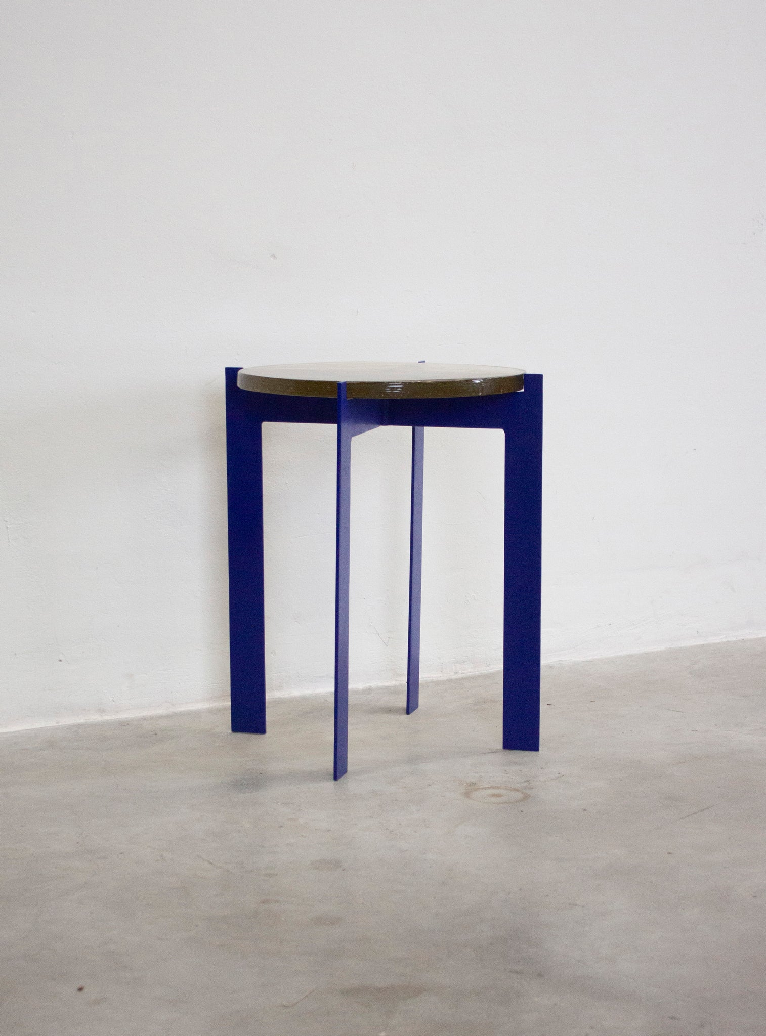 Heavy Glass Side Table on Metal Base (Yellow/Cobalt Blue)