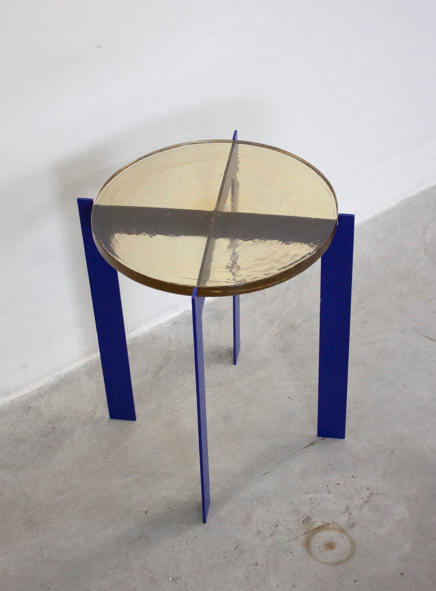 Heavy Glass Side Table on Metal Base (Yellow/Cobalt Blue)