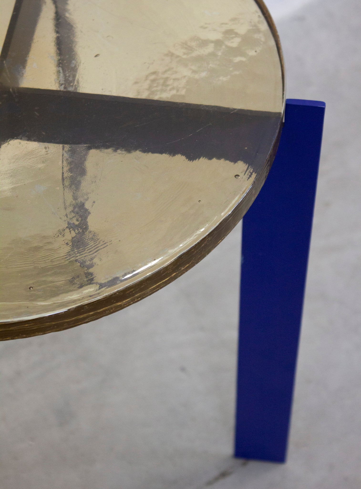 Heavy Glass Side Table on Metal Base (Yellow/Cobalt Blue)