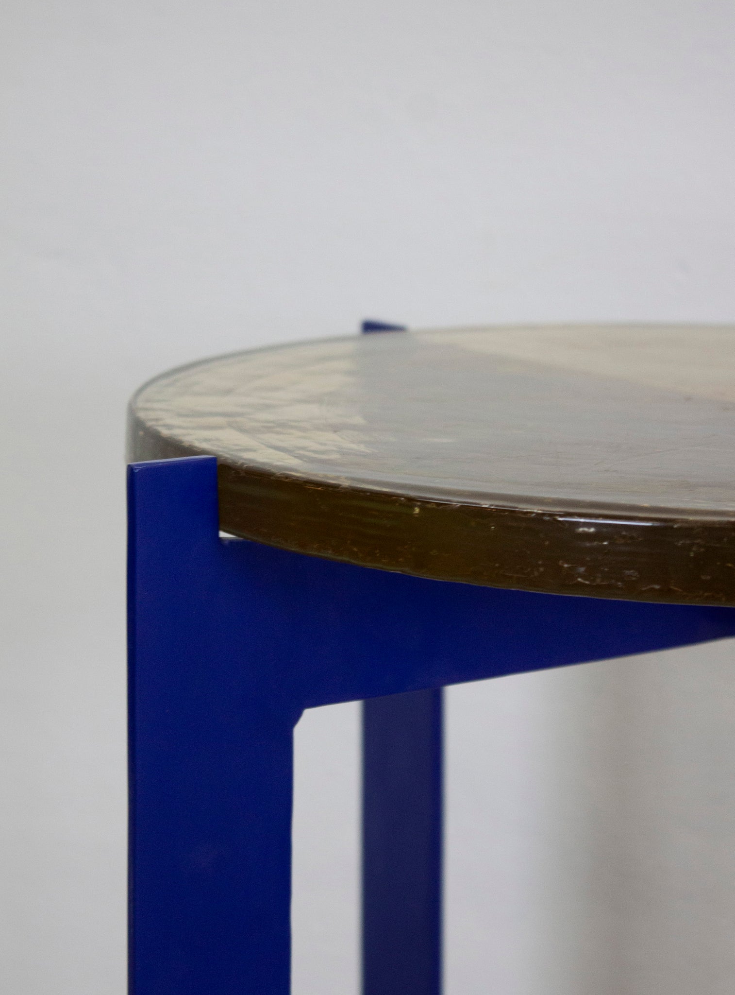 Heavy Glass Side Table on Metal Base (Yellow/Cobalt Blue)