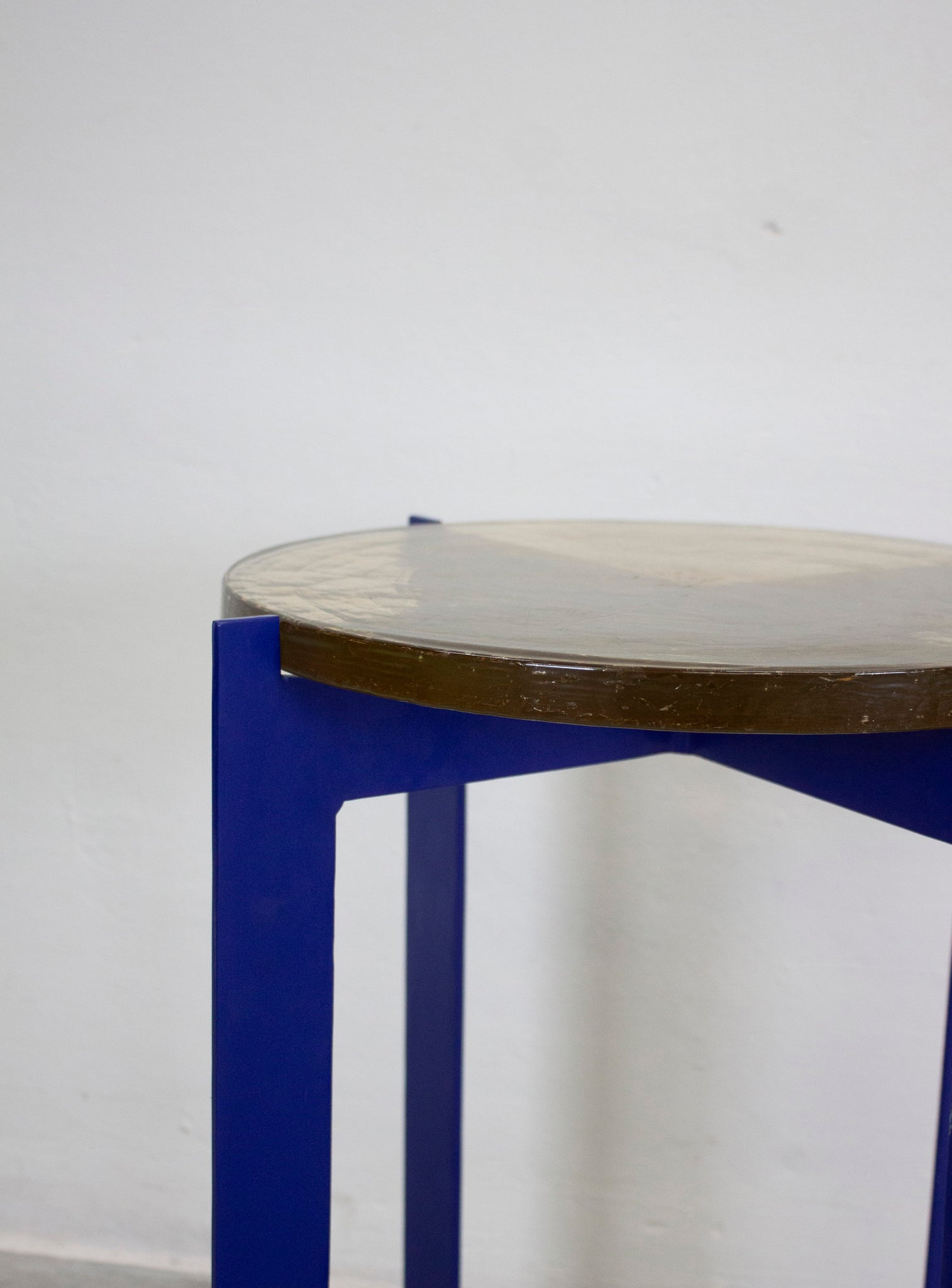 Heavy Glass Side Table on Metal Base (Yellow/Cobalt Blue)