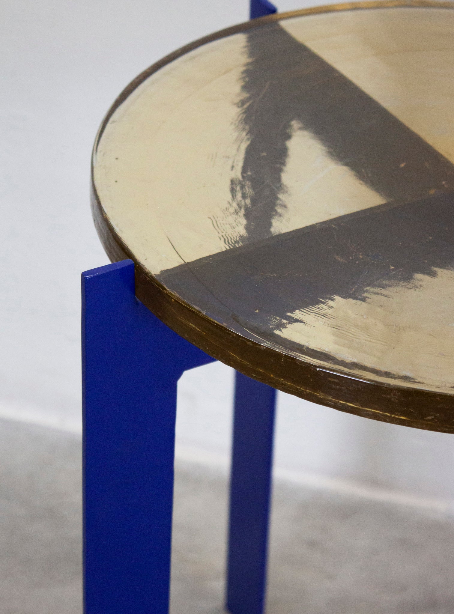 Heavy Glass Side Table on Metal Base (Yellow/Cobalt Blue)