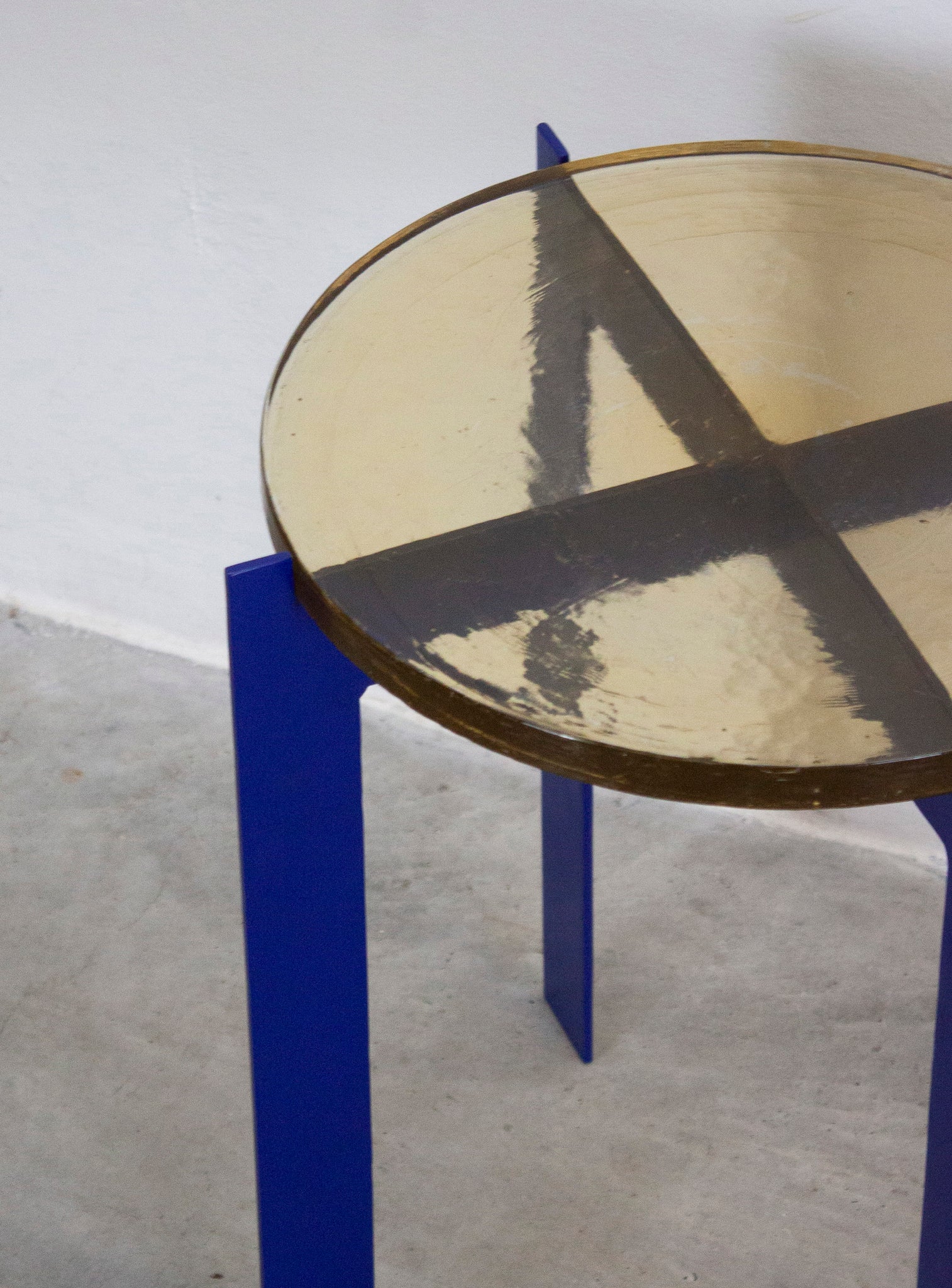 Heavy Glass Side Table on Metal Base (Yellow/Cobalt Blue)