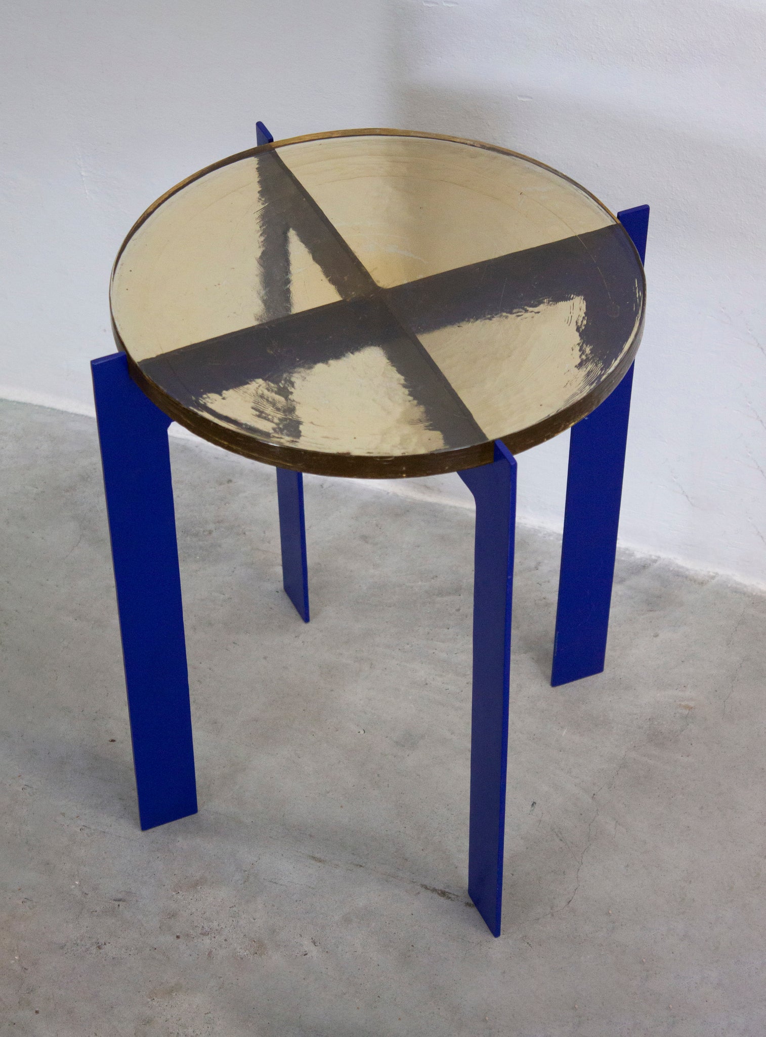 Heavy Glass Side Table on Metal Base (Yellow/Cobalt Blue)