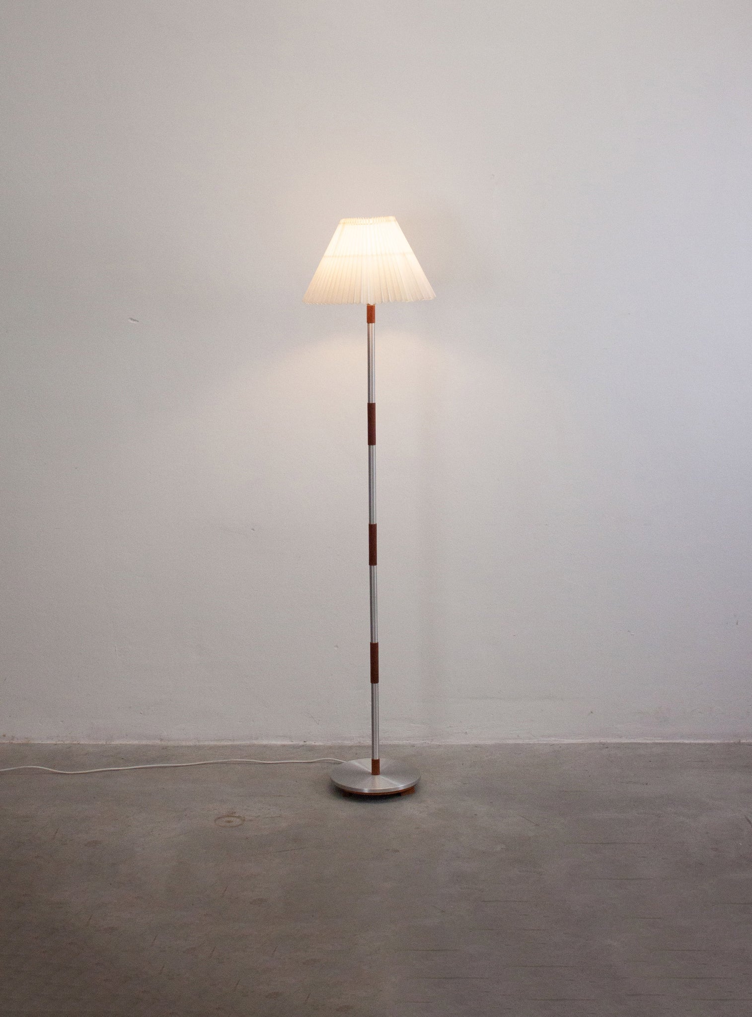 Teak & Aluminium Floor Lamp with Pleated Shade