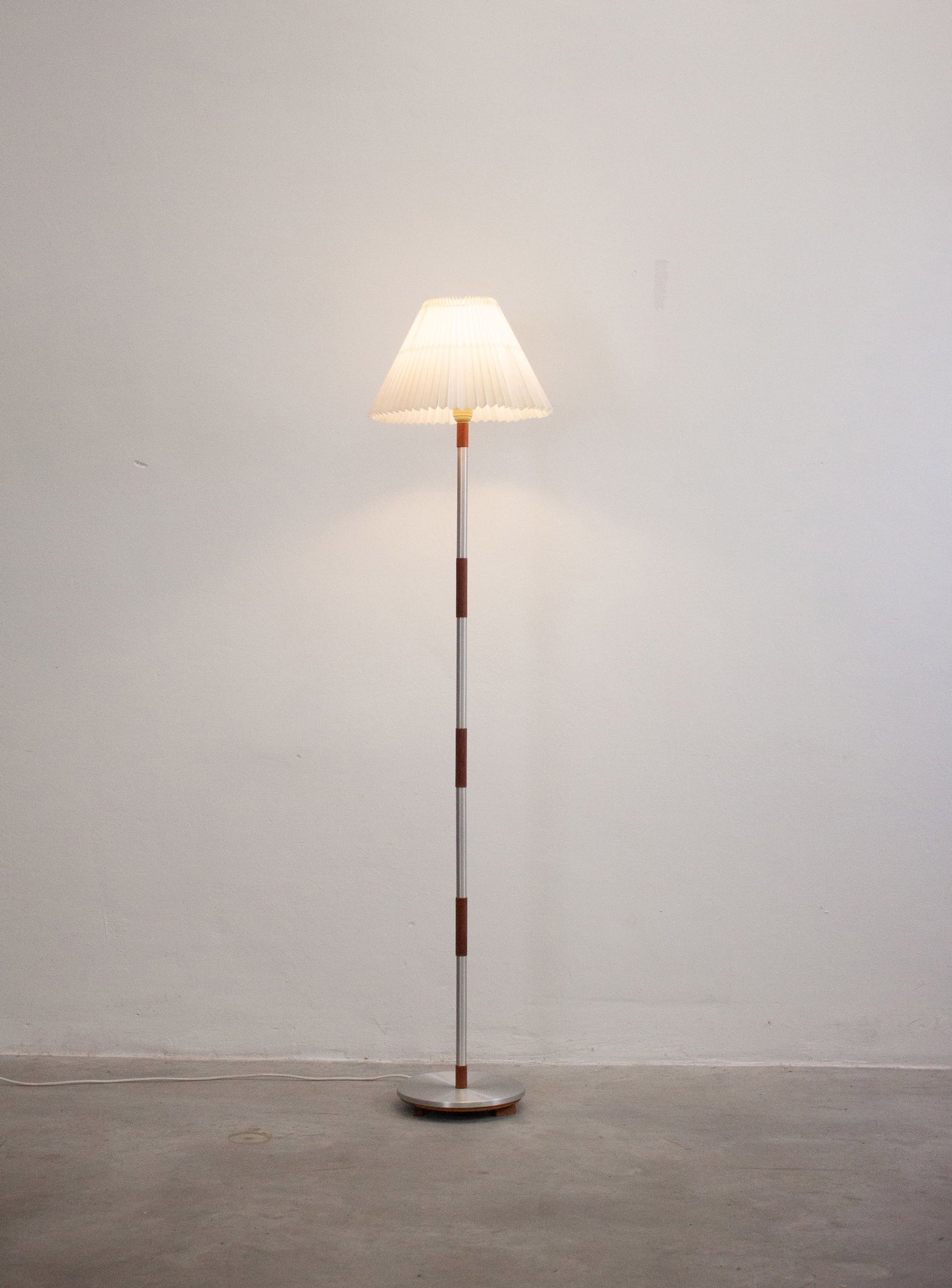 Teak & Aluminium Floor Lamp with Pleated Shade