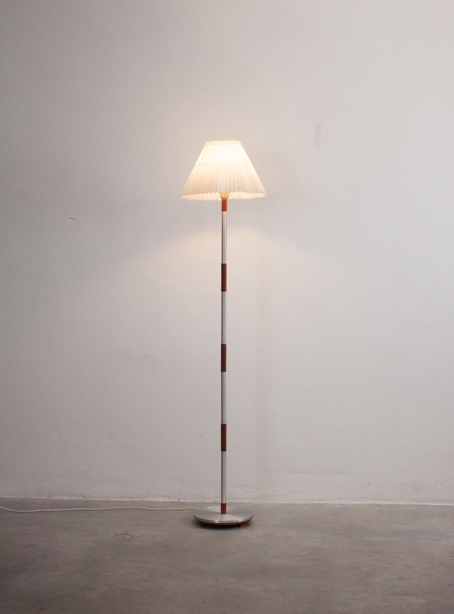 Teak & Aluminium Floor Lamp with Pleated Shade