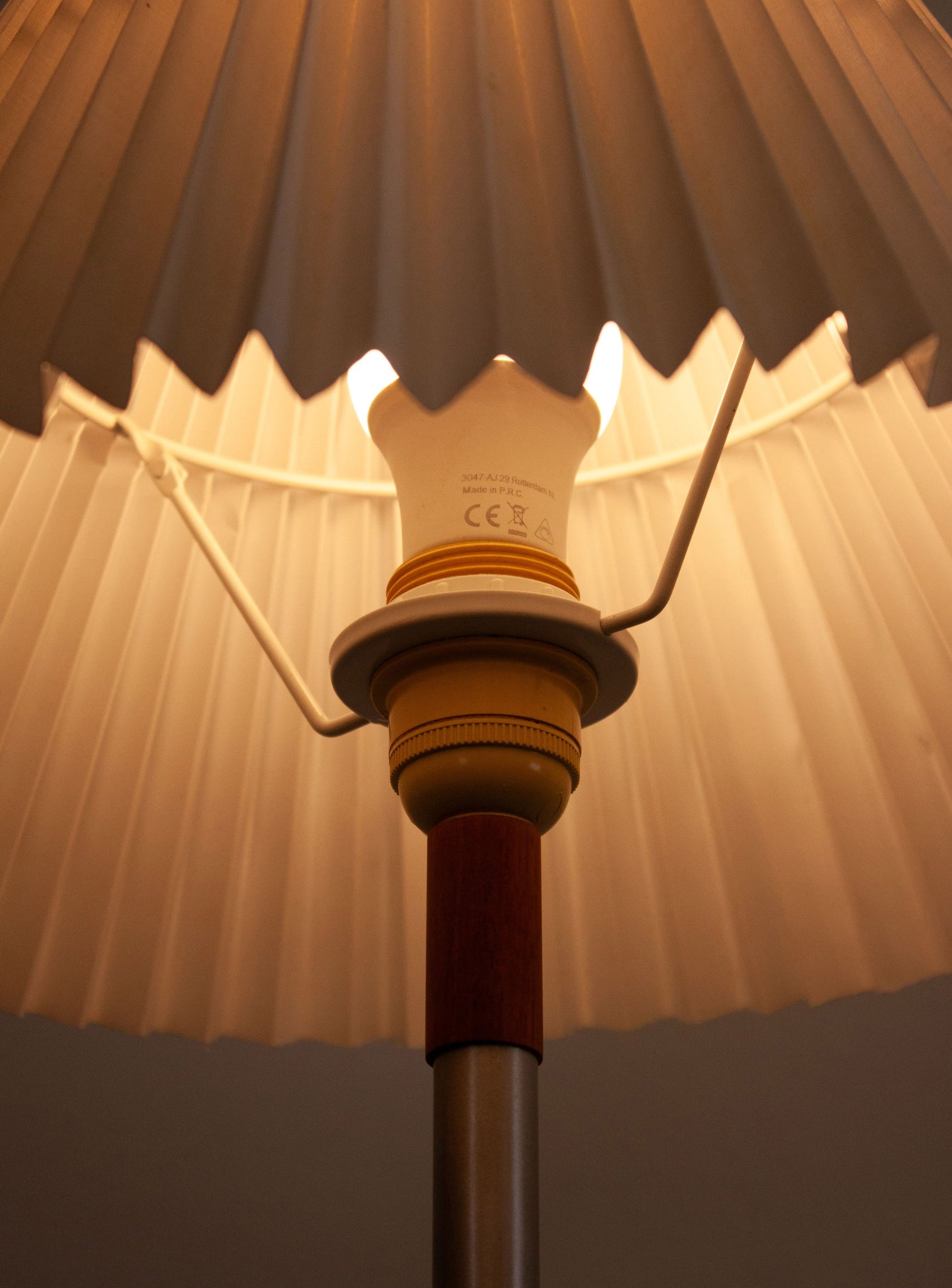 Teak & Aluminium Floor Lamp with Pleated Shade