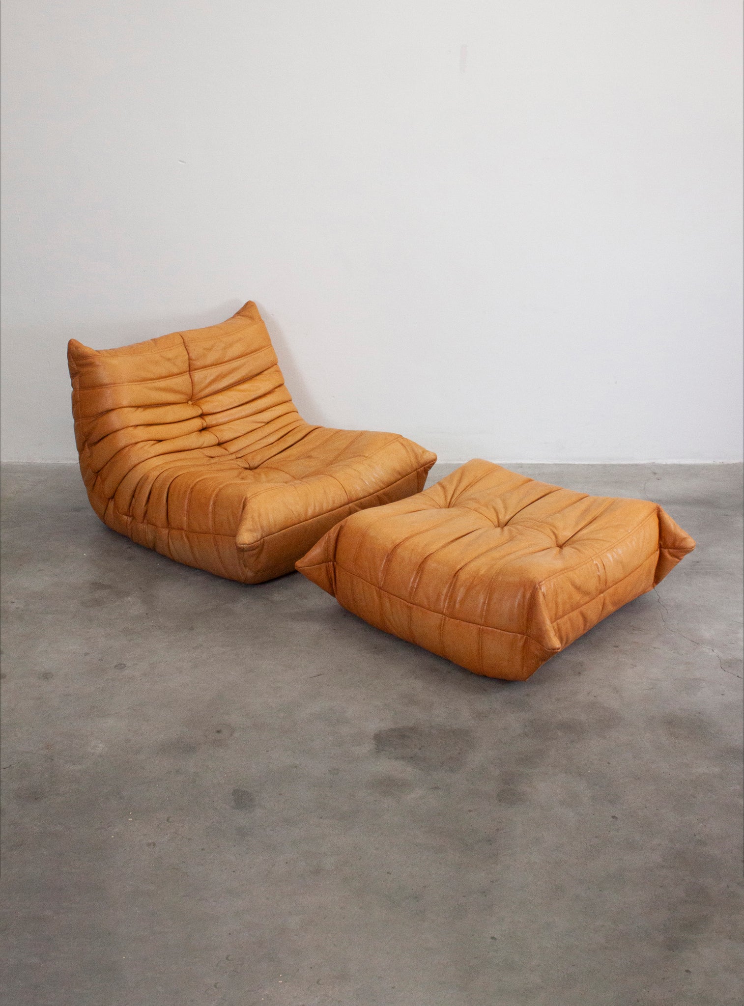 Ligne Roset Togo Leather Lounge Chair & Ottoman by Micheal Ducaroy (Tan)