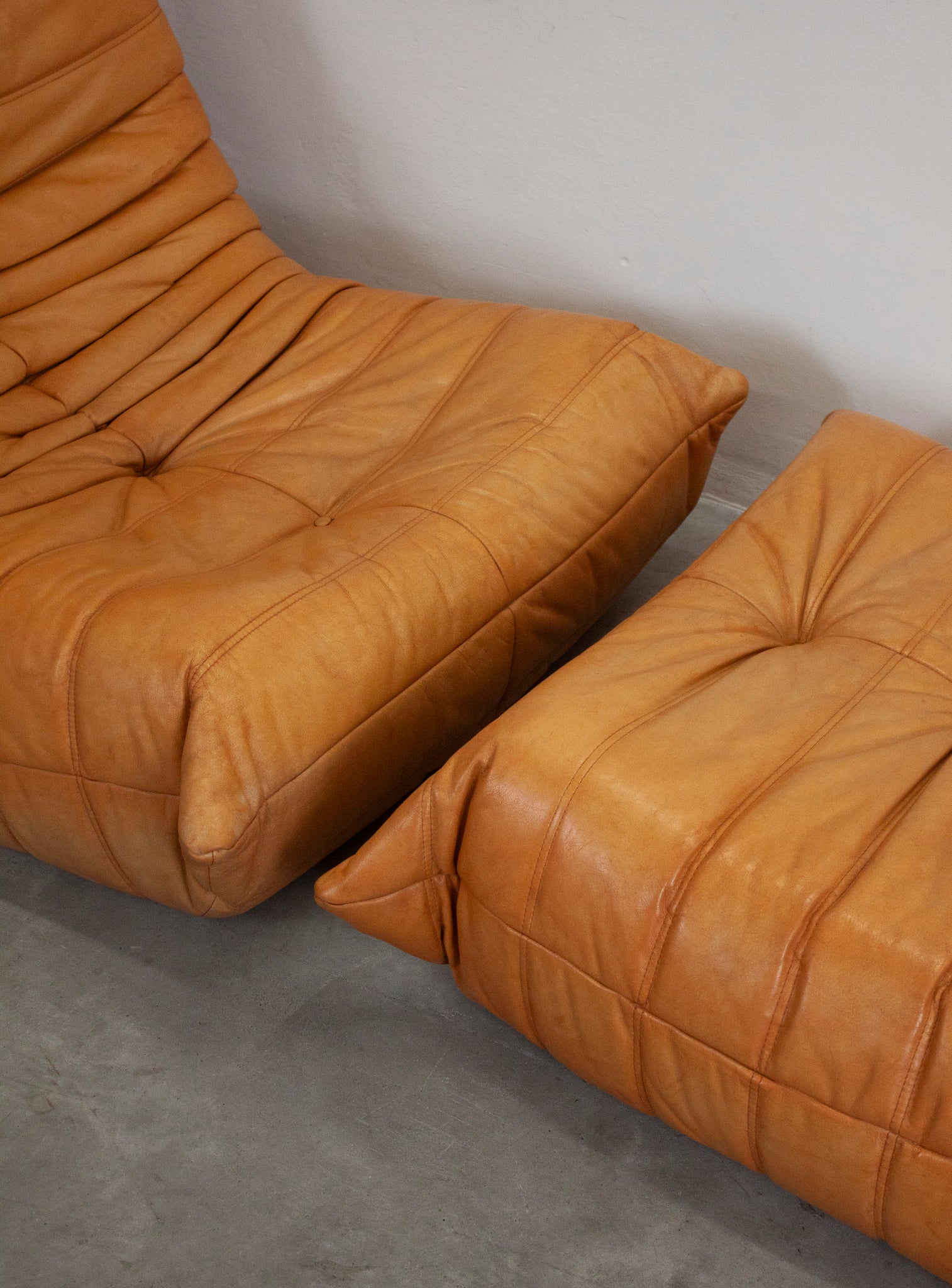 Ligne Roset Togo Leather Lounge Chair & Ottoman by Micheal Ducaroy (Tan)