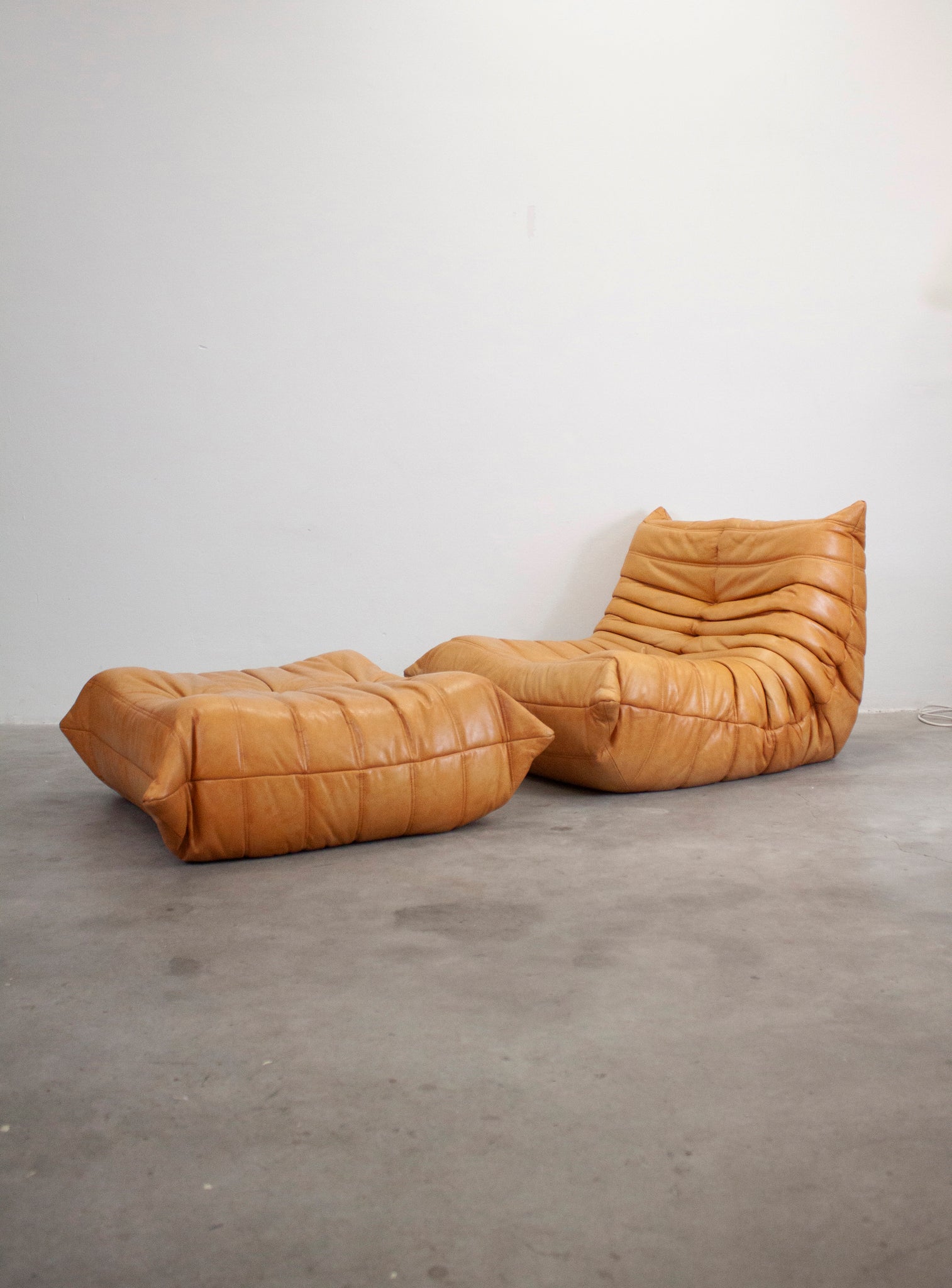 Ligne Roset Togo Leather Lounge Chair & Ottoman by Micheal Ducaroy (Tan)