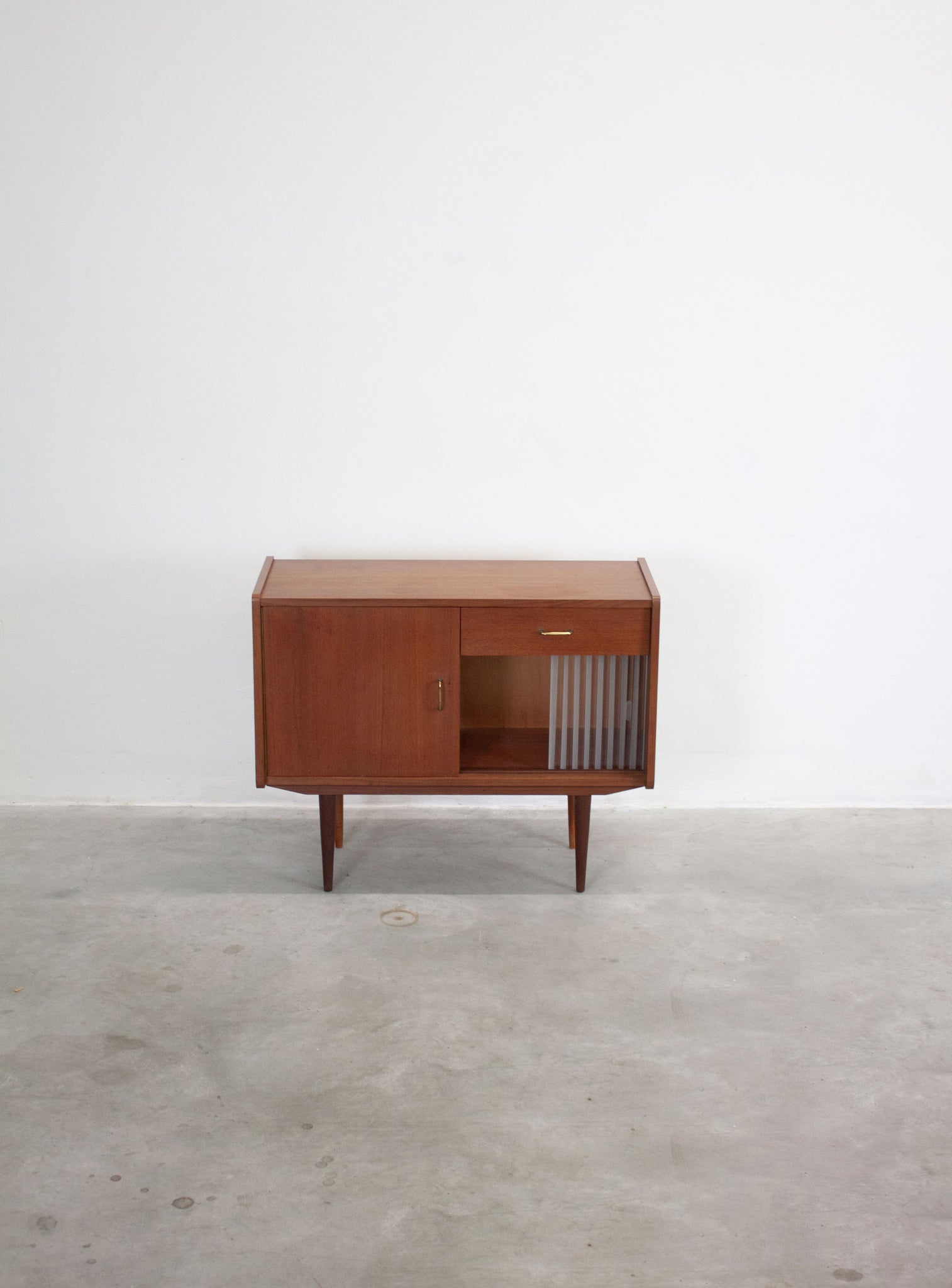 Small Teak Sideboard with Glass Sliding Door