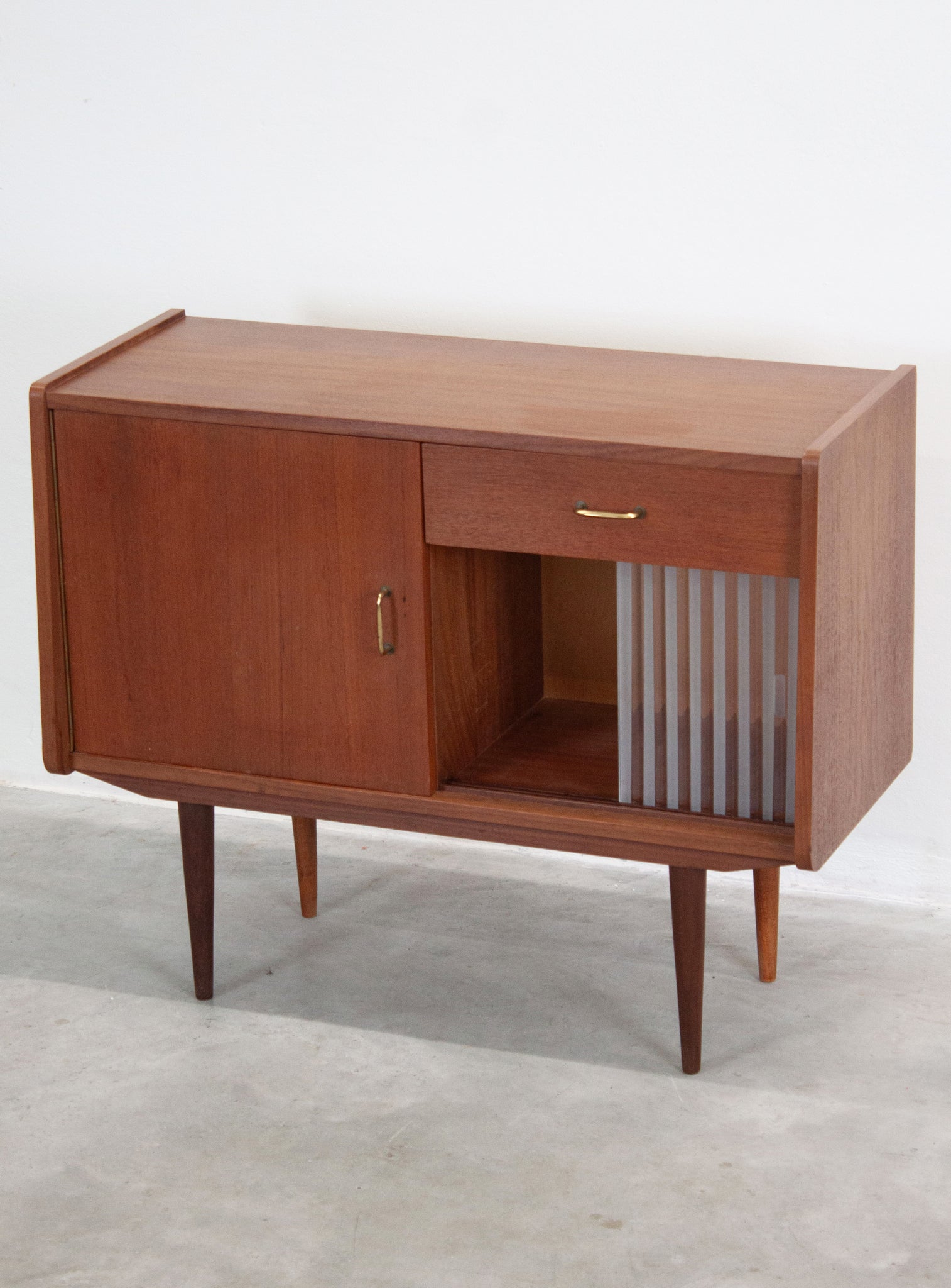 Small Teak Sideboard with Glass Sliding Door